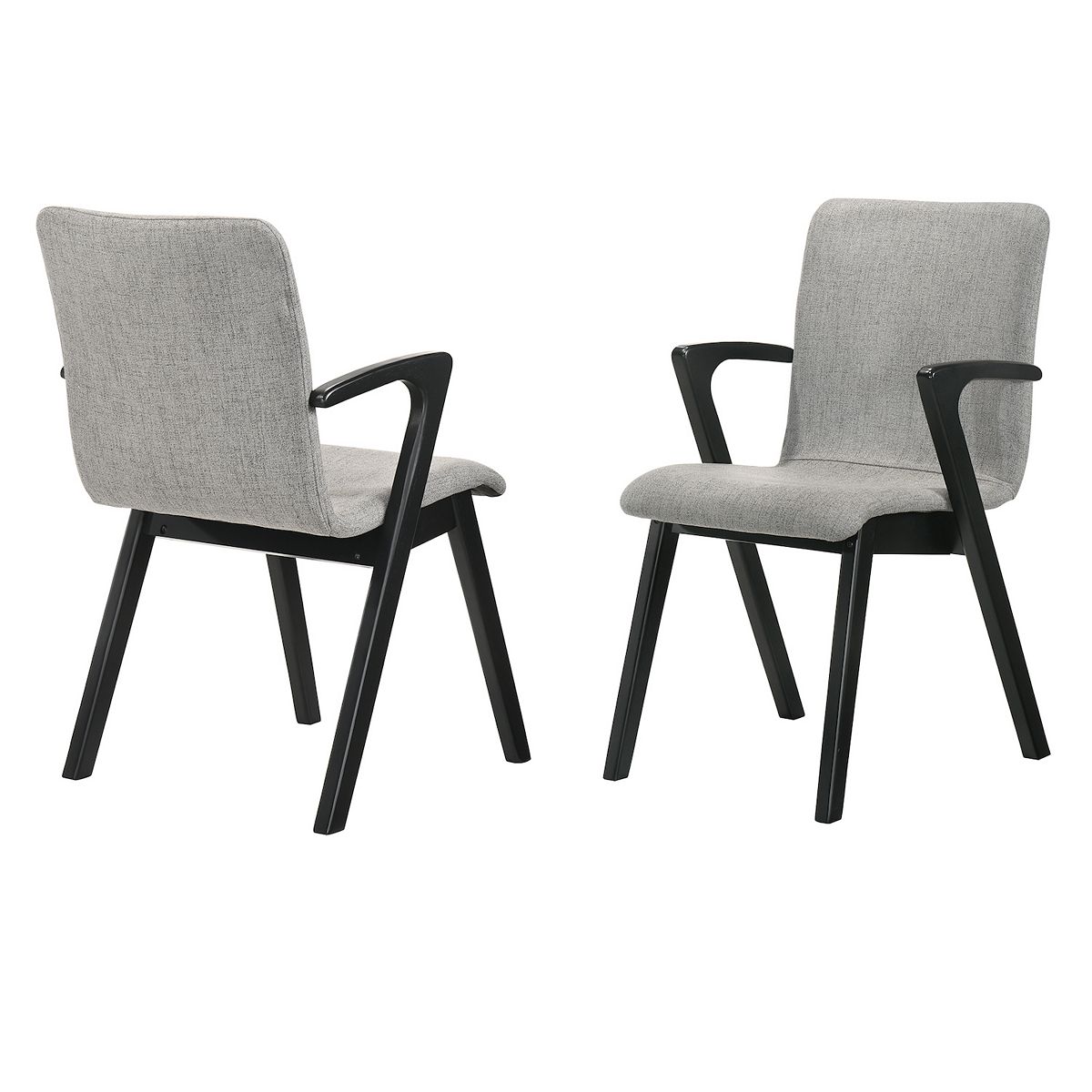 Grey upholstered dining chair set with black angled wooden legs