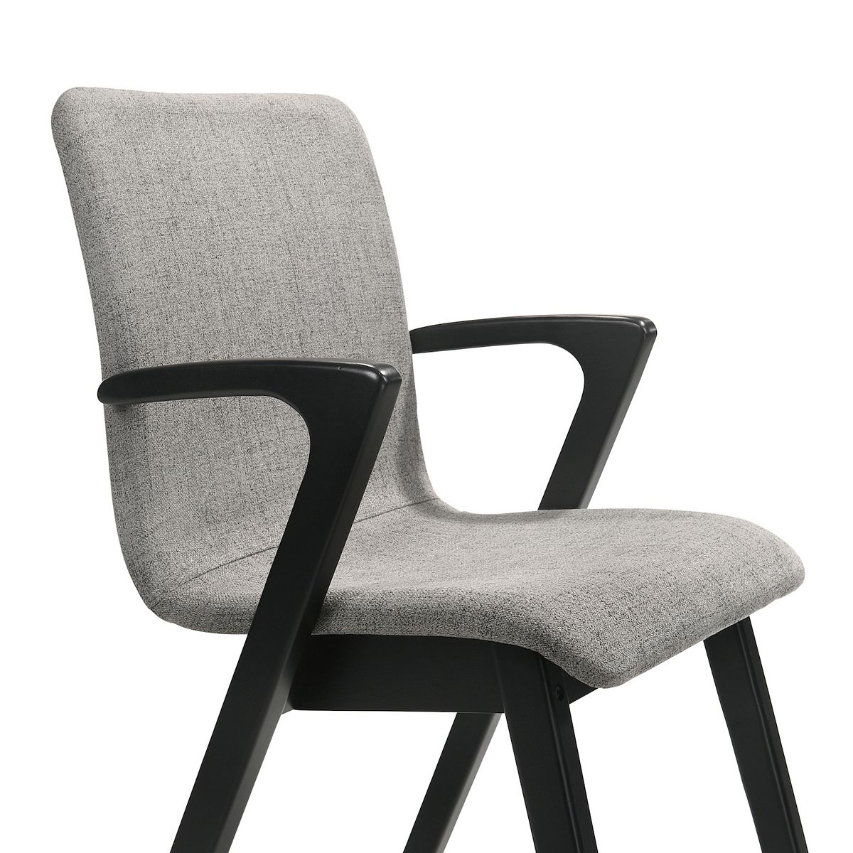Grey upholstered dining chair with black arm frame and seat cushion