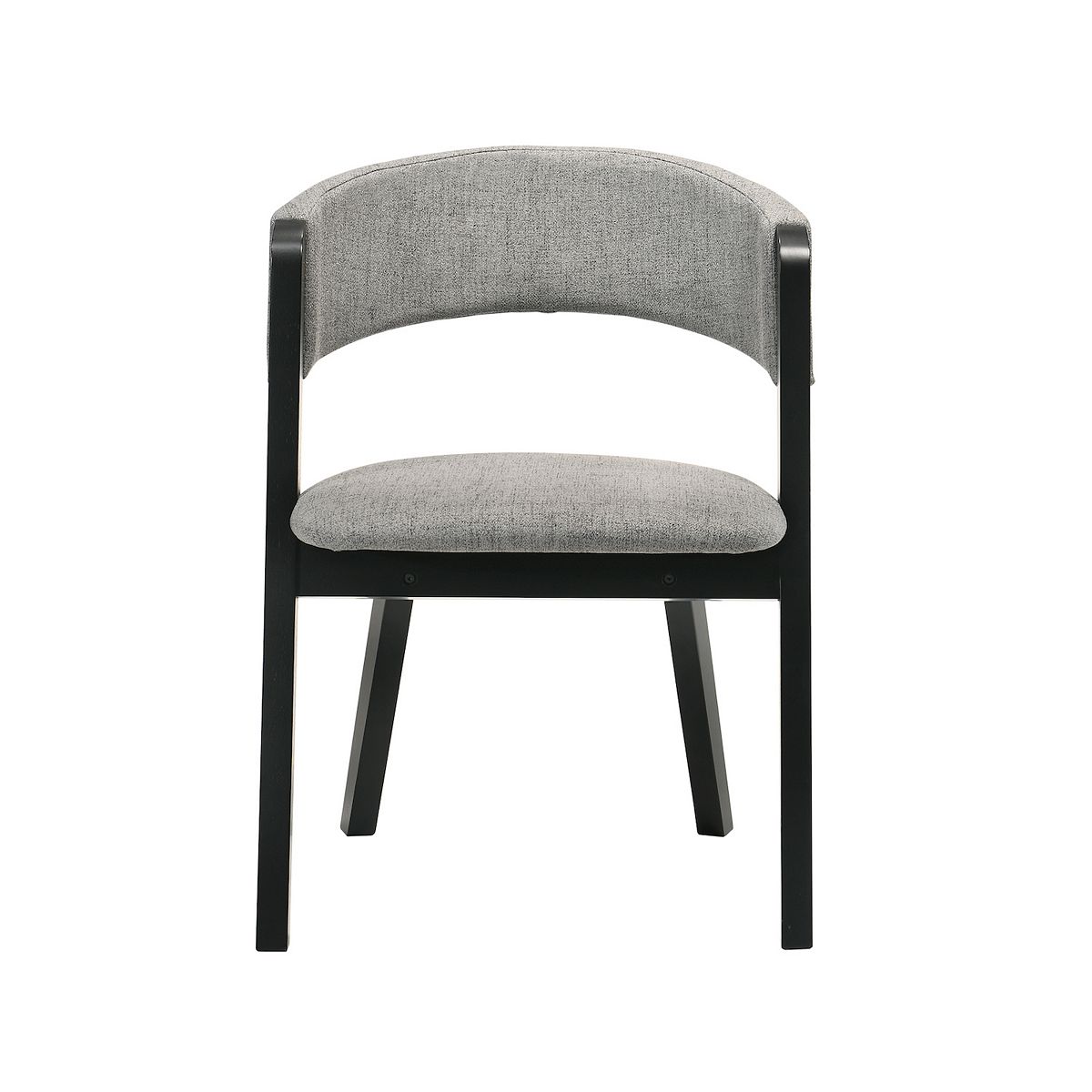 Front view of a dining chair with black legs and grey upholstery
