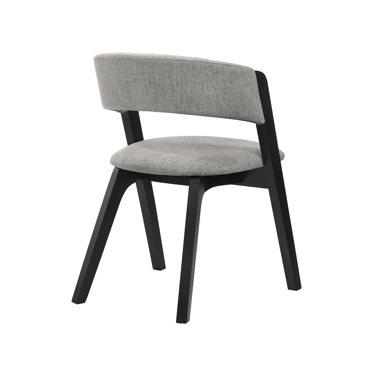 3/4 view of a dining chair with curved backrest and grey upholstery