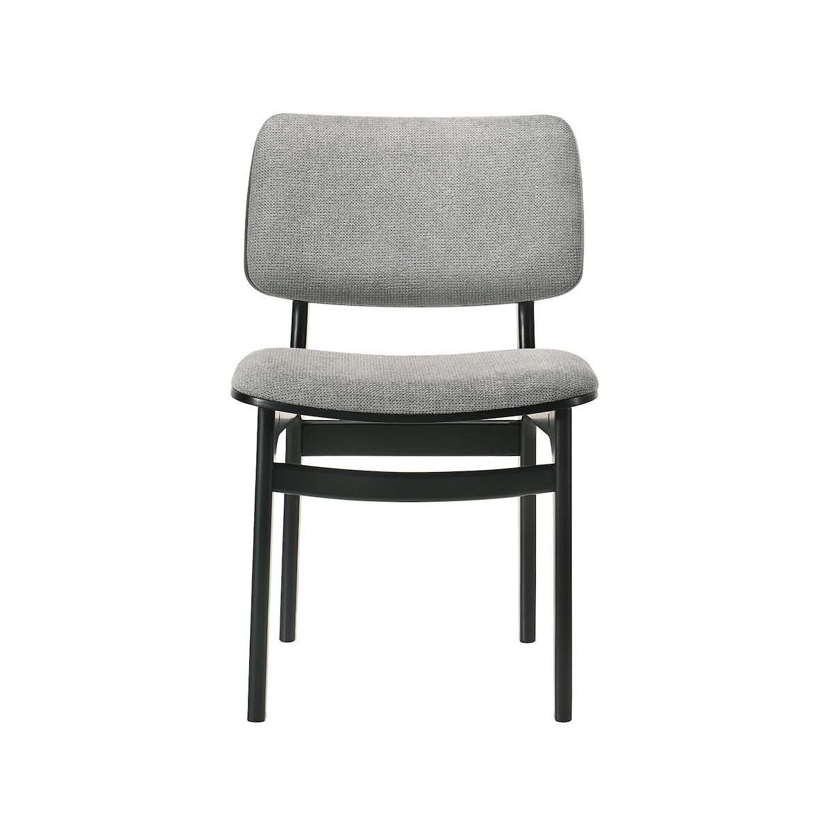 Gray upholstered dining chair with dark frame and legs.