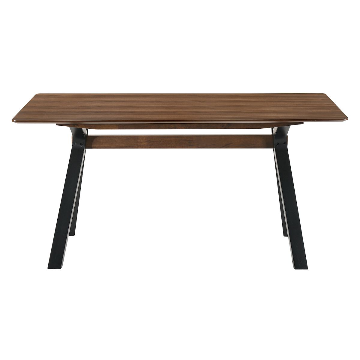 Walnut wood dining table with black angled legs and stretcher support.