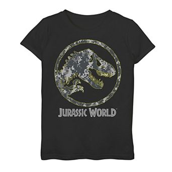 Girls 7-16 Jurassic World Camouflage Yellow Outline Fossil Coin Logo Graphic Tee