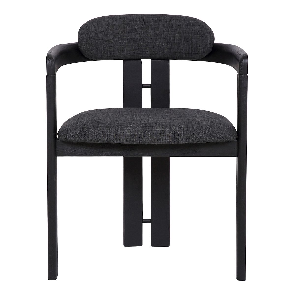 Modern dining chair with gray upholstered back and seat, dark wood arms and legs