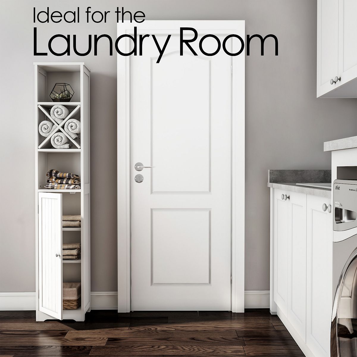White laundry room linen tower cabinet with open door and shelves