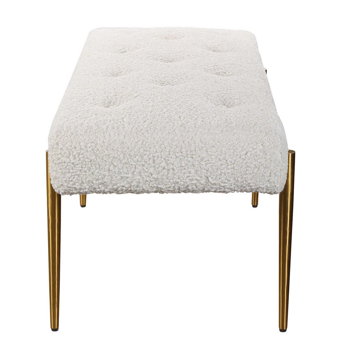 Olivier Bench angled view with cream bouclé upholstery and gold tapered legs