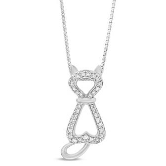 Gemminded Sterling Silver 1/6 Carat T.W. Diamond Cat Pendant Necklace