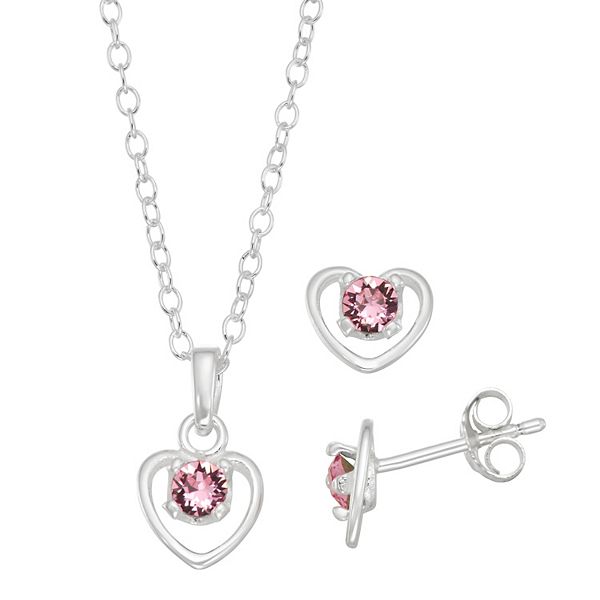 Charming Girl Sterling Silver Pink Crystal Heart Pendant Earring Set