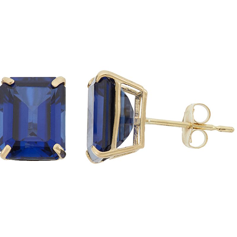10k Gold Lab-Created Sapphire Emerald Cut Solitaire Stud Earrings, Womens,