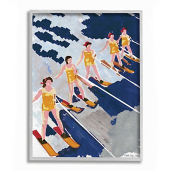 Stupell Home Decor Retro Waterski Women Blue Yellow Watercolor Painting Wall Art