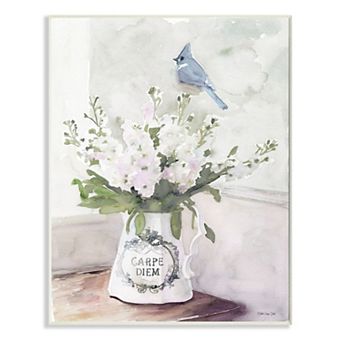 Stupell Home Decor Blue Cardinal on Spring Bouquet Carpe Diem Watercolor Plaque Wall Art