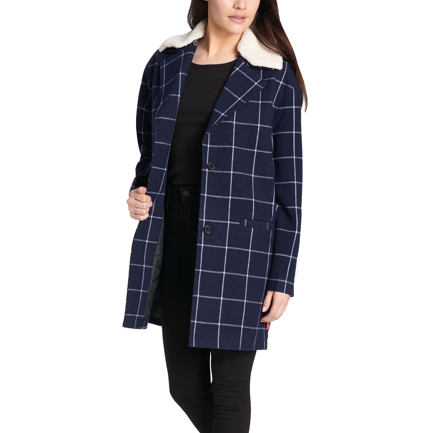 levi's women's wool plaid sherpa collar top coat