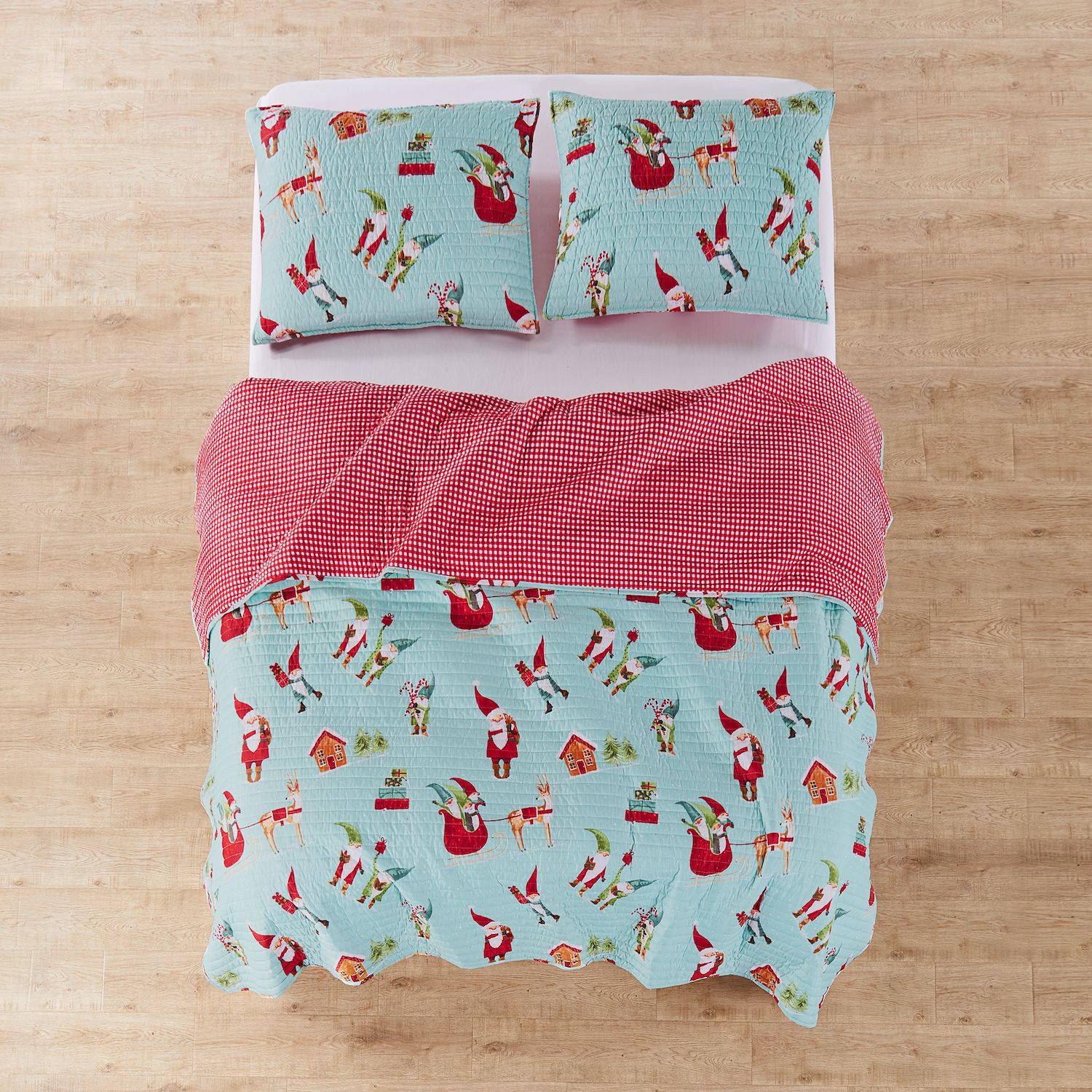 Levtex Home Merry & Bright Gnome Weihnachtsdecke Full/Queen - 218x218 Cm, Wendbar, Mikrofaser, Rot/grün/weiß