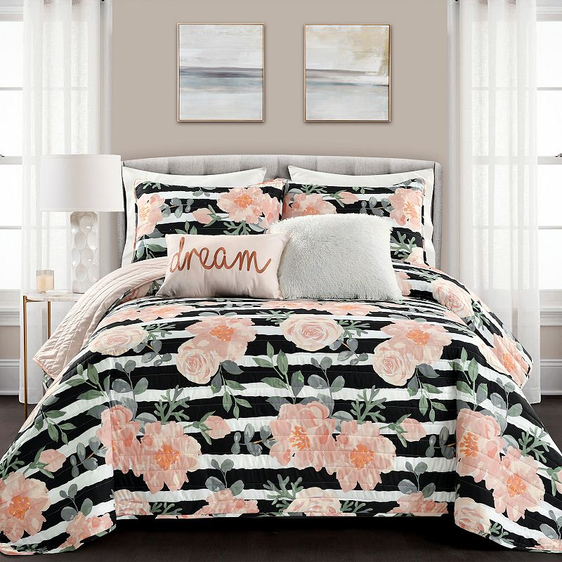 Lush Decor Amara Watercolor Rose Quilt Set, Black, King