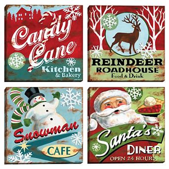 Fine Art Canvas Candy Cane Reindeer Santa Snowman Canvas Wall Art 4 pc Set