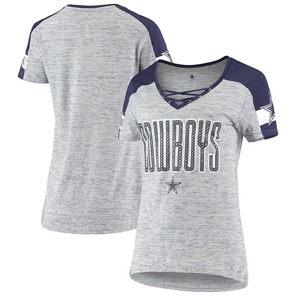 Women's Heathered Gray/Navy Dallas Cowboys Curetta Lace-Up V-Neck T-Shirt