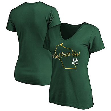 Women's Fanatics Branded Green Green Bay Packers Team Iconic Script State V-Neck T-Shirt