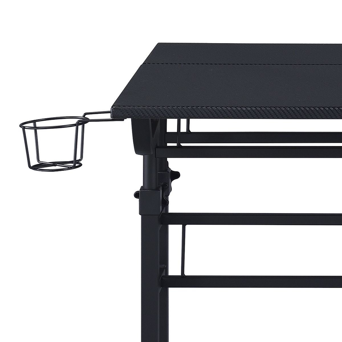Side view of black adjustable computer desk with height adjustment and casters