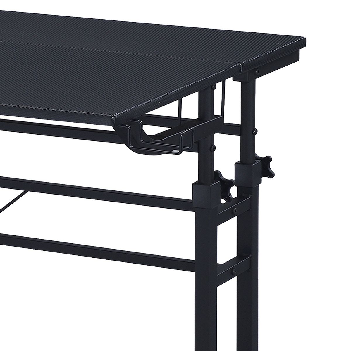 Close-up of black adjustable computer desk height adjustment hardware