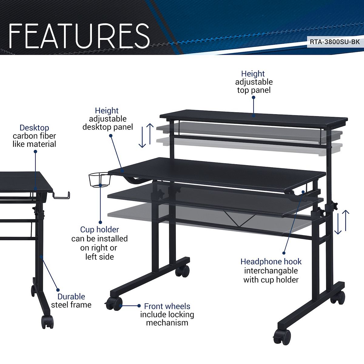 Features diagram for black adjustable Techni Mobili computer desk