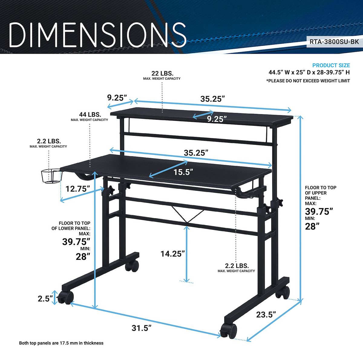 Dimensions diagram for black Techni Mobili computer desk
