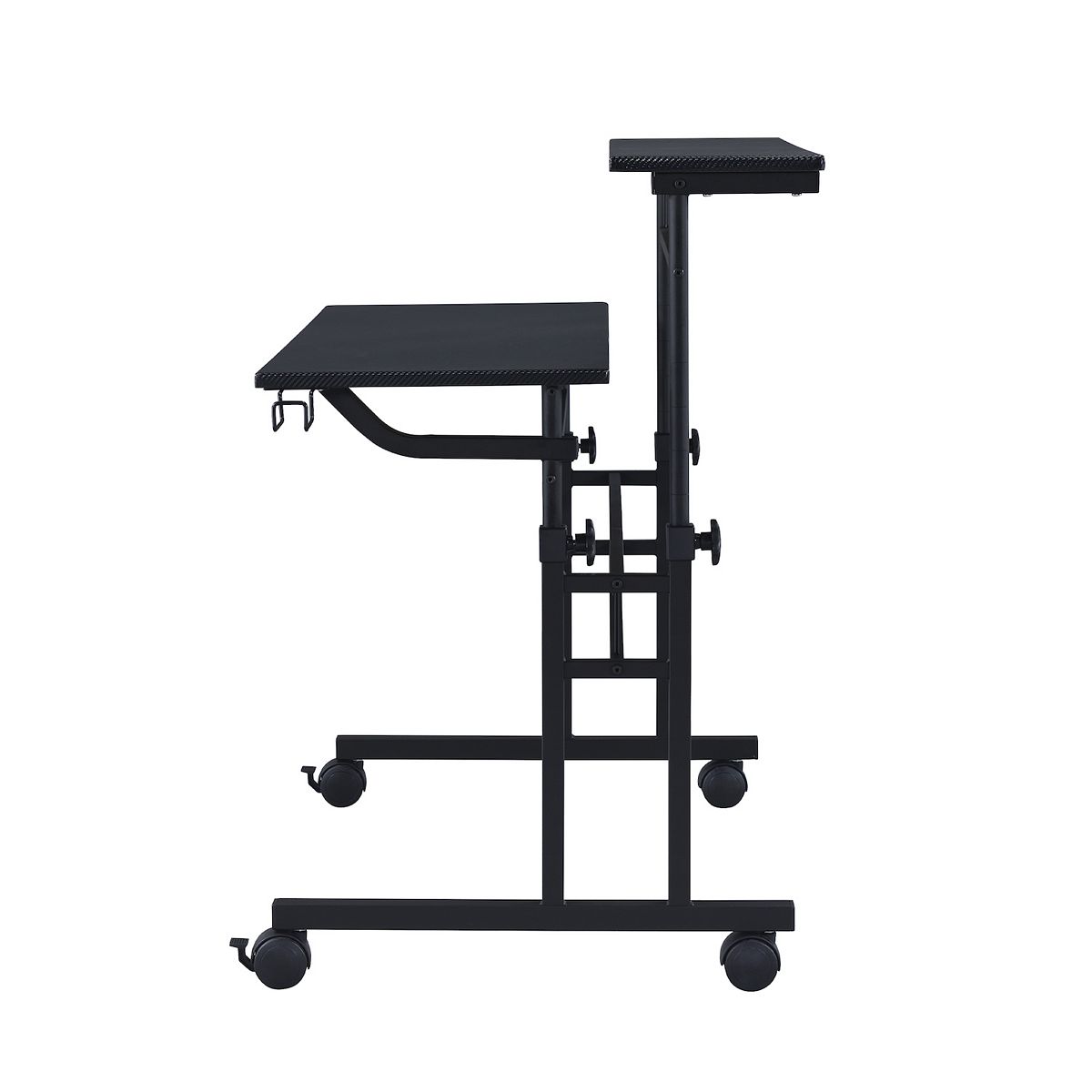 Rear angle view of black adjustable computer desk with wheels