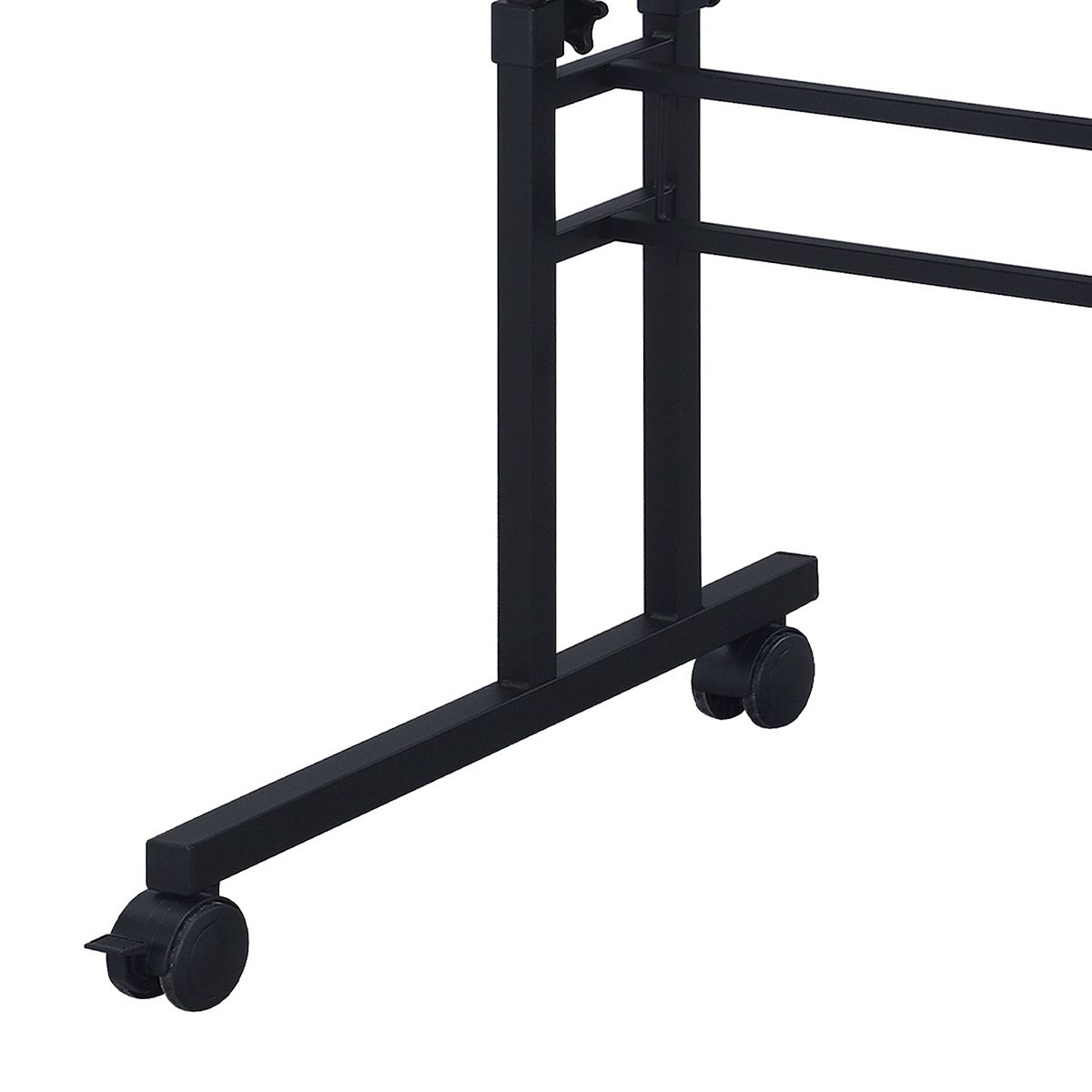 Close-up of caster wheel base on black adjustable computer desk frame