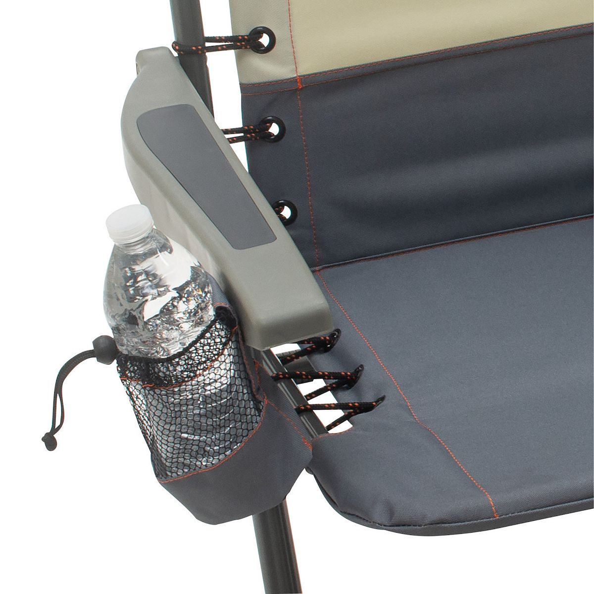 Gray outdoor folding chair side organizer and armrest detail.