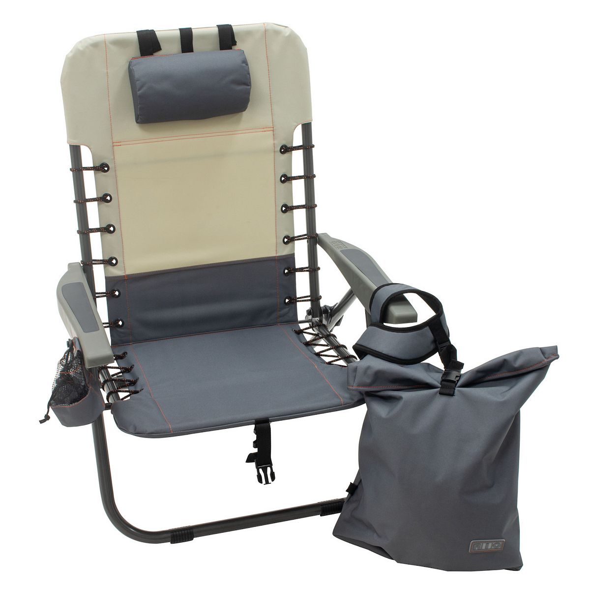 Gray two-tone outdoor folding chair with storage bag on side.