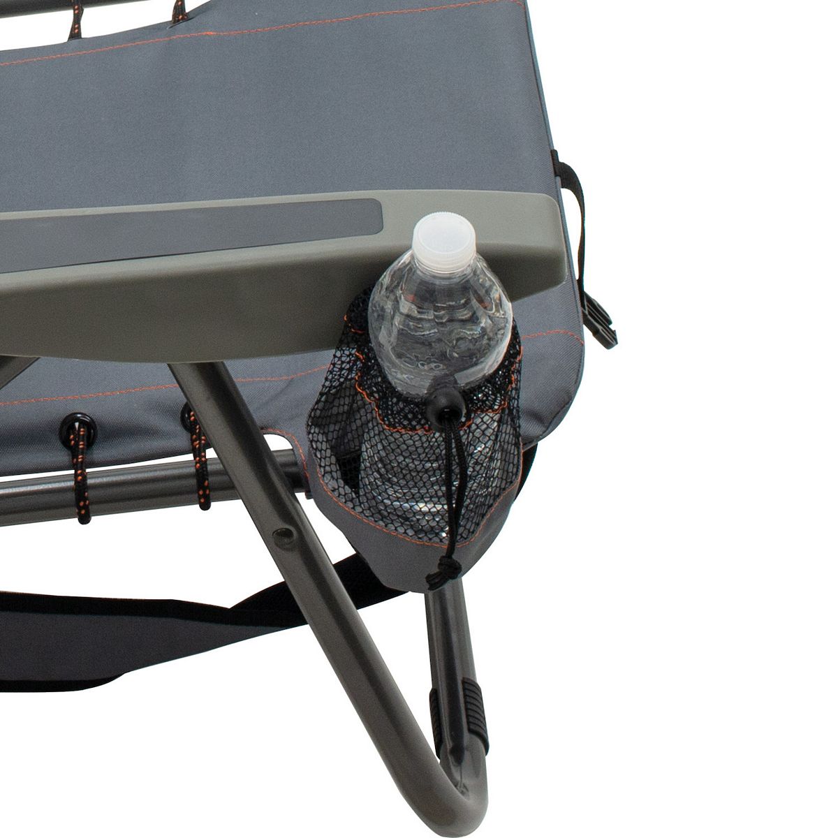 Gray outdoor folding chair storage pocket and folding leg detail.