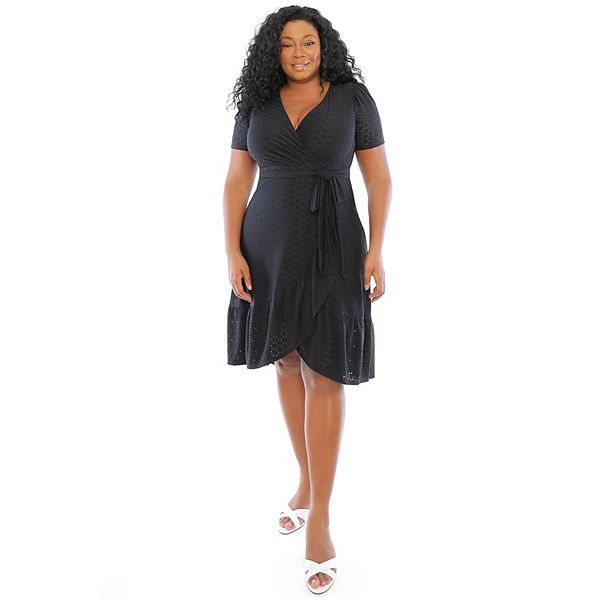 Plus Size Suite 7 Embroidery Ruffle Hem Wrap Dress