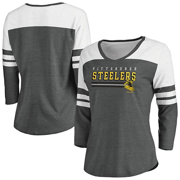 Women's Majestic Heathered Gray Pittsburgh Steelers Plus Size Striped  Lace-Up V-Neck T-Shirt