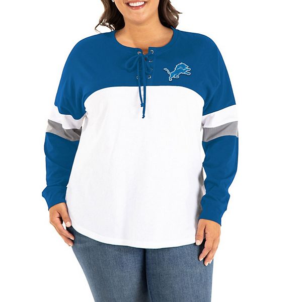 Women's New Era Blue/White Detroit Lions Plus Size Athletic Varsity Lace-Up  Long Sleeve T-Shirt