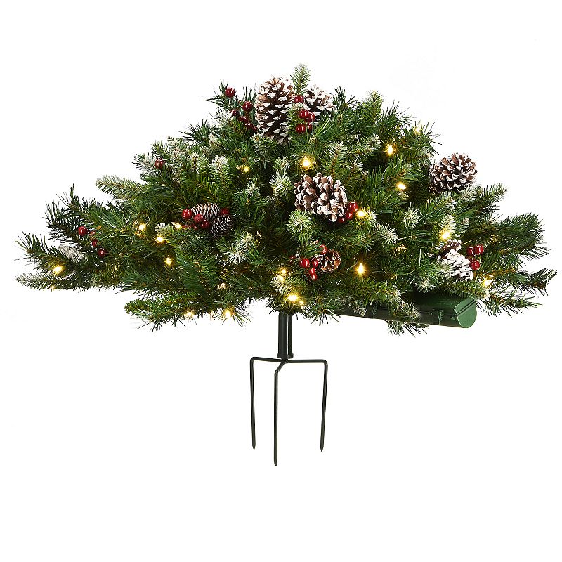 2.5ft National Tree Company Flocked Berry Urn Filler Red Berries Tripod Stake Warm White Battery Op LED Lights with Timer