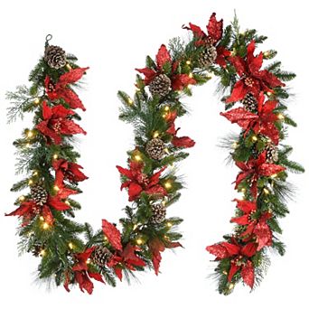 National Tree Company Light-Up Glittery Poinsettia Artificial Christmas Garland Table Decor