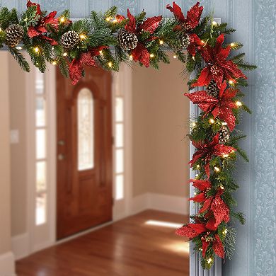 National Tree Company Light-Up Glittery Poinsettia Artificial Christmas Garland Table Decor