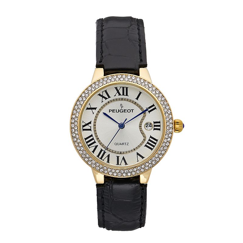 Peugeot Womens 14k Gold Plated Crystal Watch, Size: Medium, Black