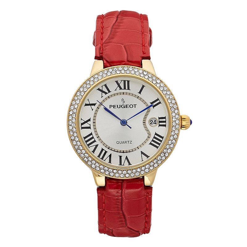 Peugeot Womens 14k Gold Plated Crystal Watch, Size: Medium, Red