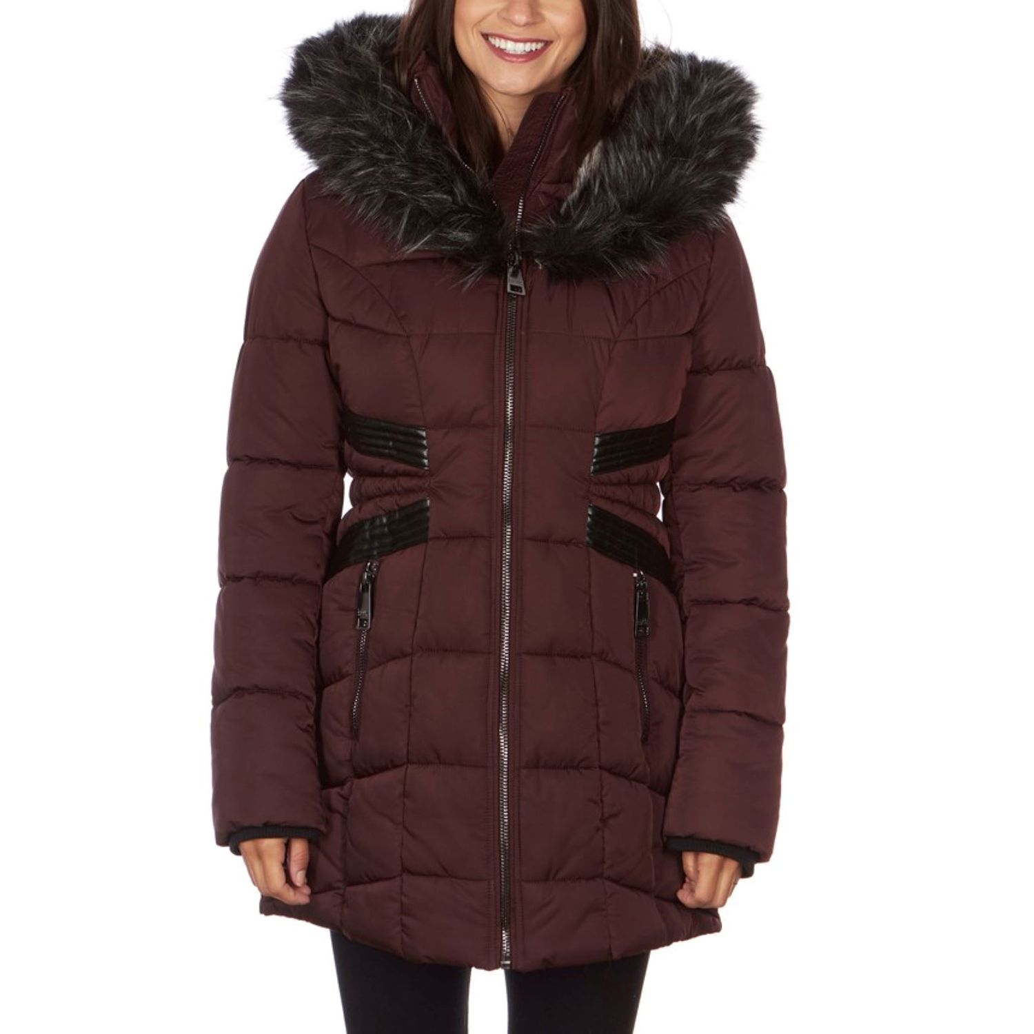 fitted puffer coat with fur hood