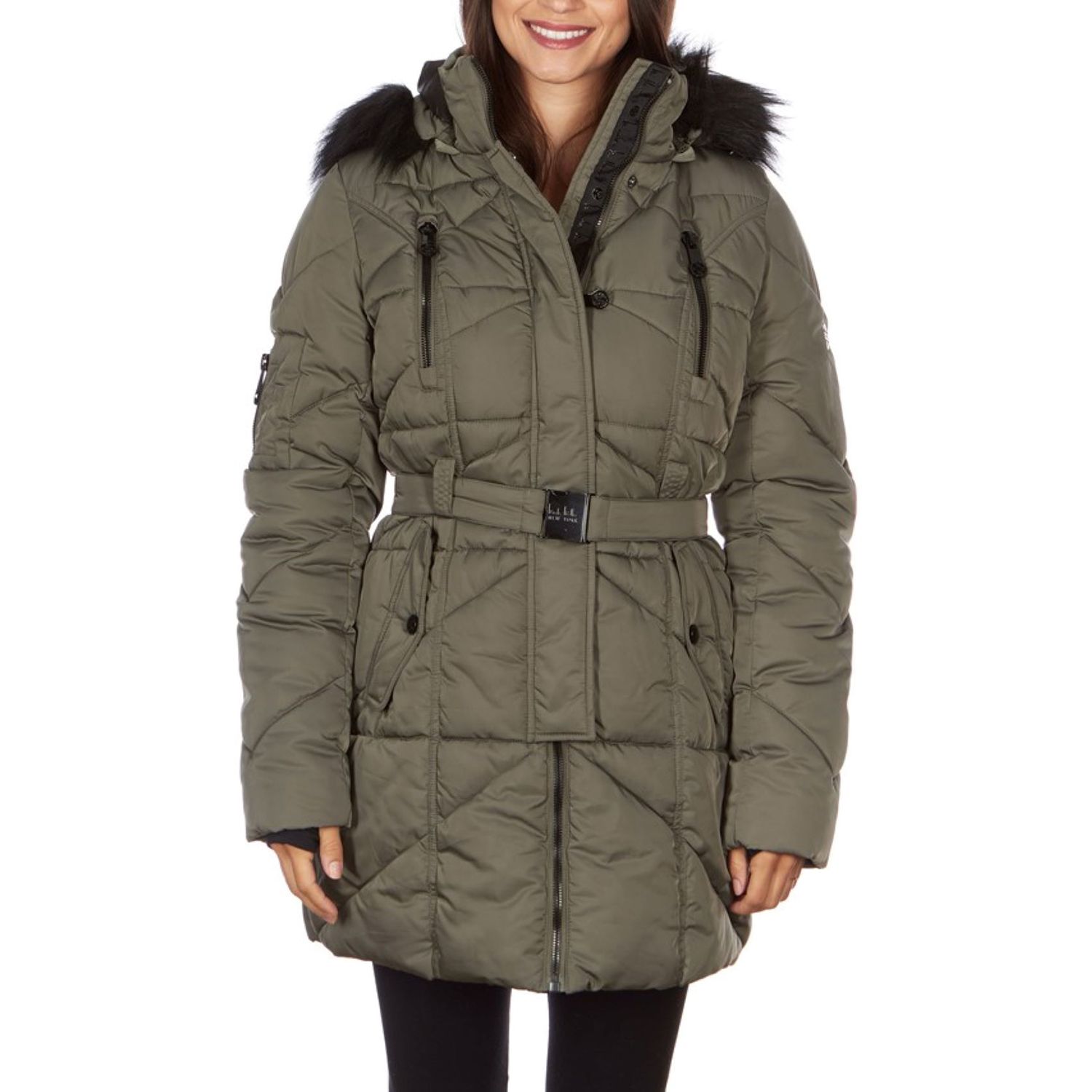 green puffer jacket with fur hood