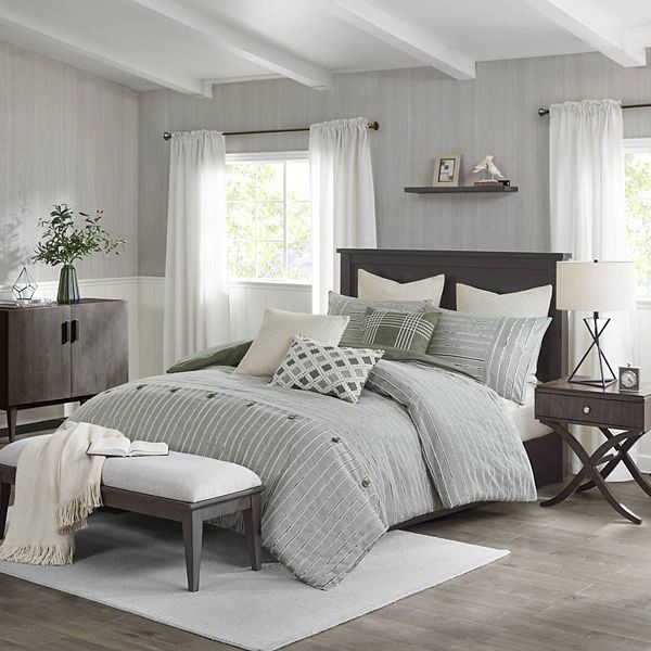 Madison Park Signature Essence Clip Stripe Jacquard Cotton Comforter Set with Throw Pillows - Green (QUEEN)
