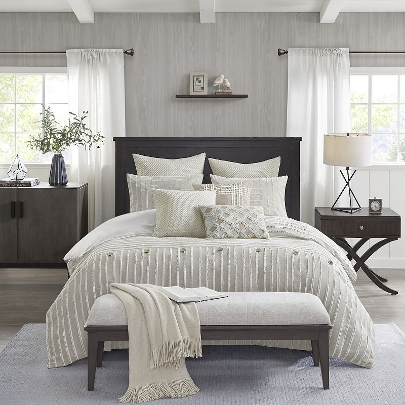 Madison Park Signature Essence Clip Stripe Jacquard Cotton Comforter Set with Throw Pillows, Beig/Green, King