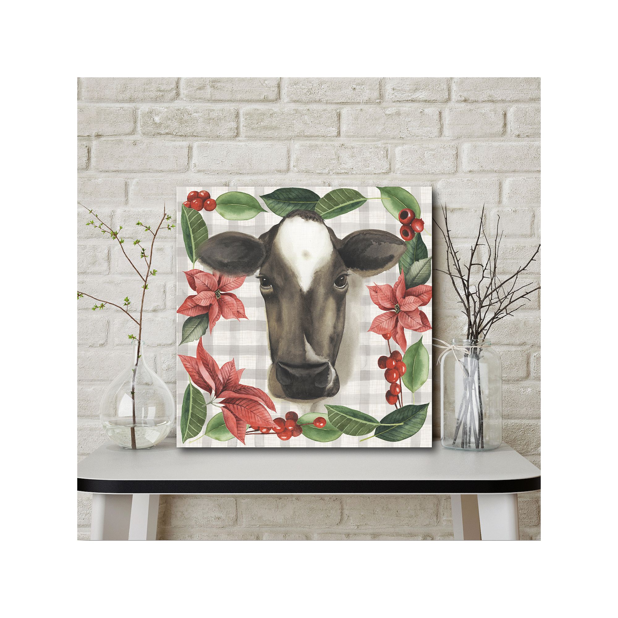 Courtside Market Cow With Poinsettias Holiday Canvas Wall Decor, Multi