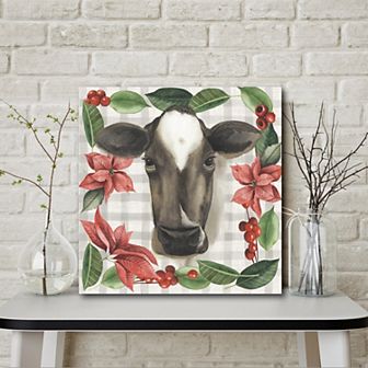 Courtside Market Cow With Poinsettias Holiday Canvas Wall Decor