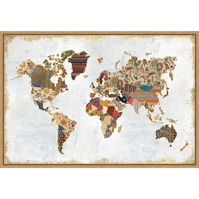 Amanti Art Pattern World Map Framed Canvas Wall Art, Brown, 23X16