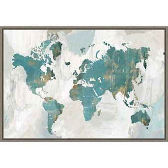 Amanti Art Teal World Map Framed Canvas Wall Art