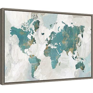 Amanti Art Teal World Map Framed Canvas Wall Art