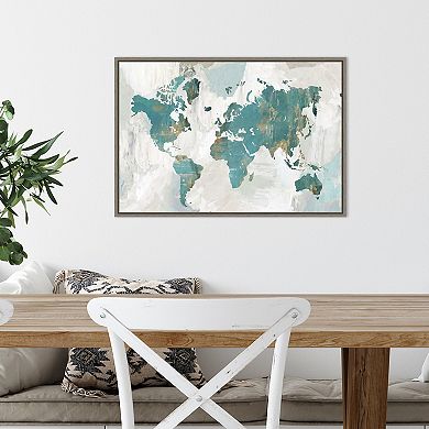 Amanti Art Teal World Map Framed Canvas Wall Art