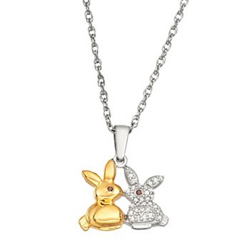 Jewelexcess Two Tone Sterling Silver 1/10 Carat T.W. Diamond Two Bunnies Pendant Necklace
