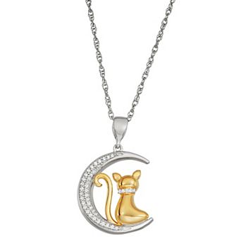 Jewelexcess Two Tone Sterling Silver 1/6 Carat T.W. Diamond Cat Moon Pendant Necklace